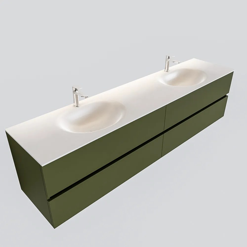 Zaro Sevilla Solid Surface badmeubel 200cm mat army groen 2 kraangaten dubbele spoelbak met 4 lades