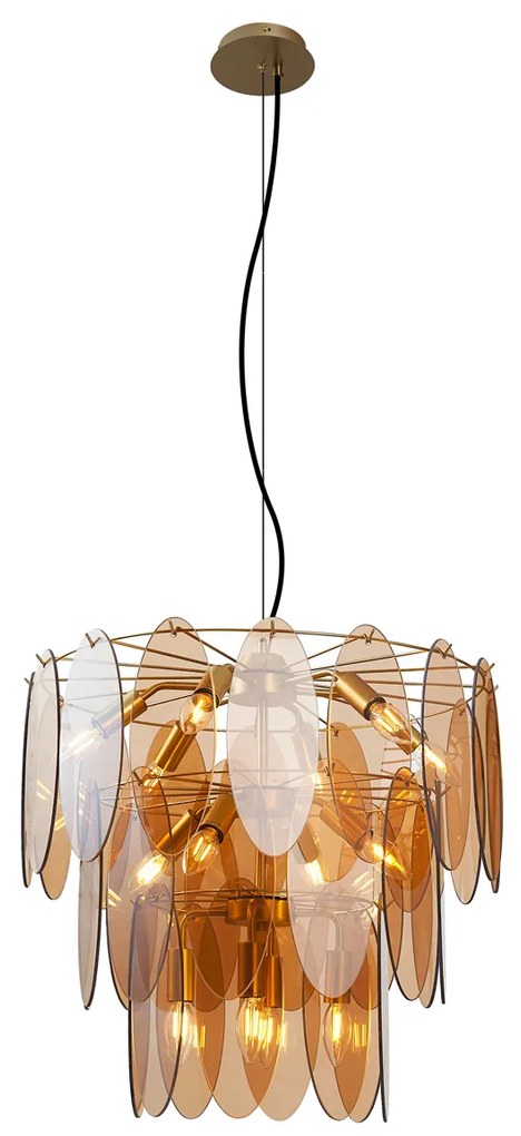Art Deco hanglamp goud met amber glas ovaal 14-lichts - Mochan