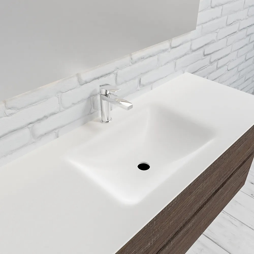 Zaro Valencia Solid Surface badmeubel 120cm donker eiken 1 kraangat spoelbak midden met 2 lades