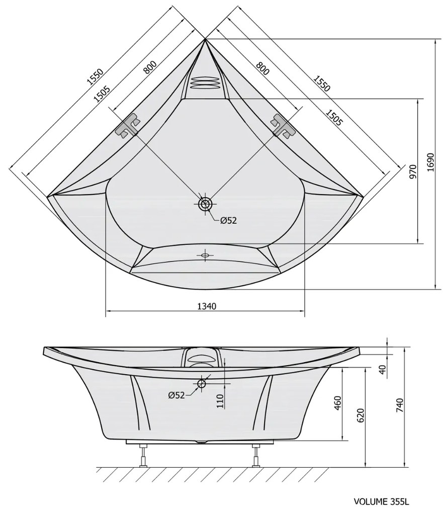 Polysan Bermuda hoekbad 155x155x47cm wit