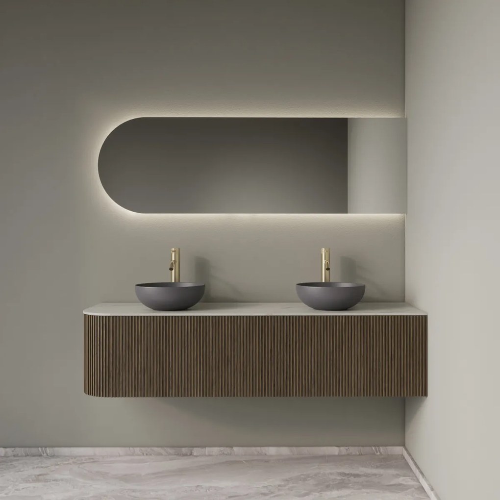 Gliss Design Alluro badmeubel ribbelfront met ronding links 160cm ash grey en wit marmer toppaneel