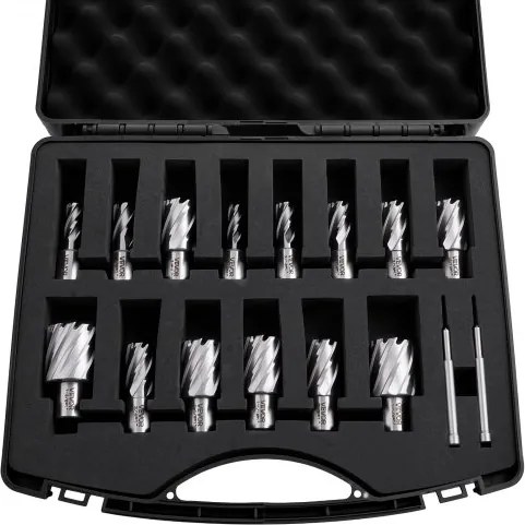 VEVOR HSS kernboorbitset, Weldon-schacht, 16-delig, magnetische boorbitset, 11,11–34,92 mm snijdiameter, 14 boren met 2 centreerpinnen, 25,4 mm snijdiepte, kunststof koffer, voor magnetische boormachines, aluminium