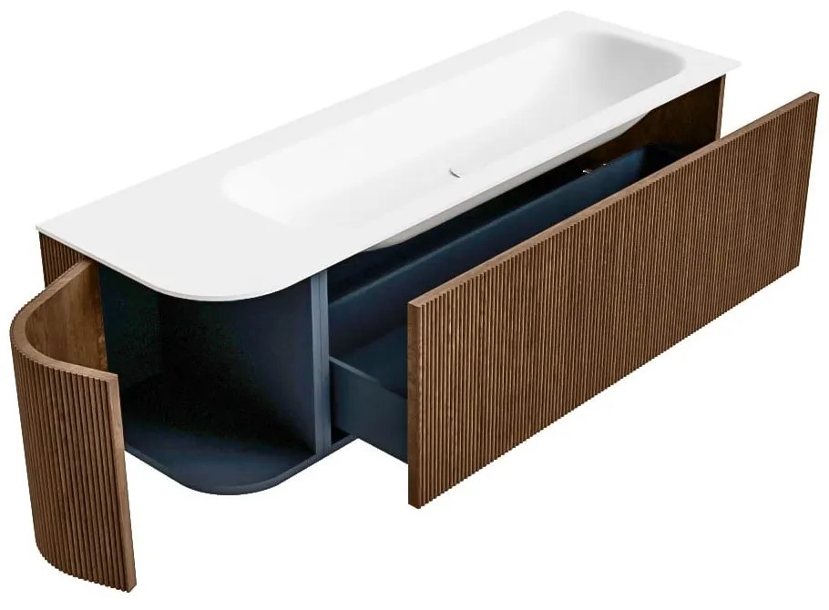 Mondiaz Kurve 145cm badmeubel ronding links walnut met 1 lade en deur en wastafel big large rechts 2 kraangaten