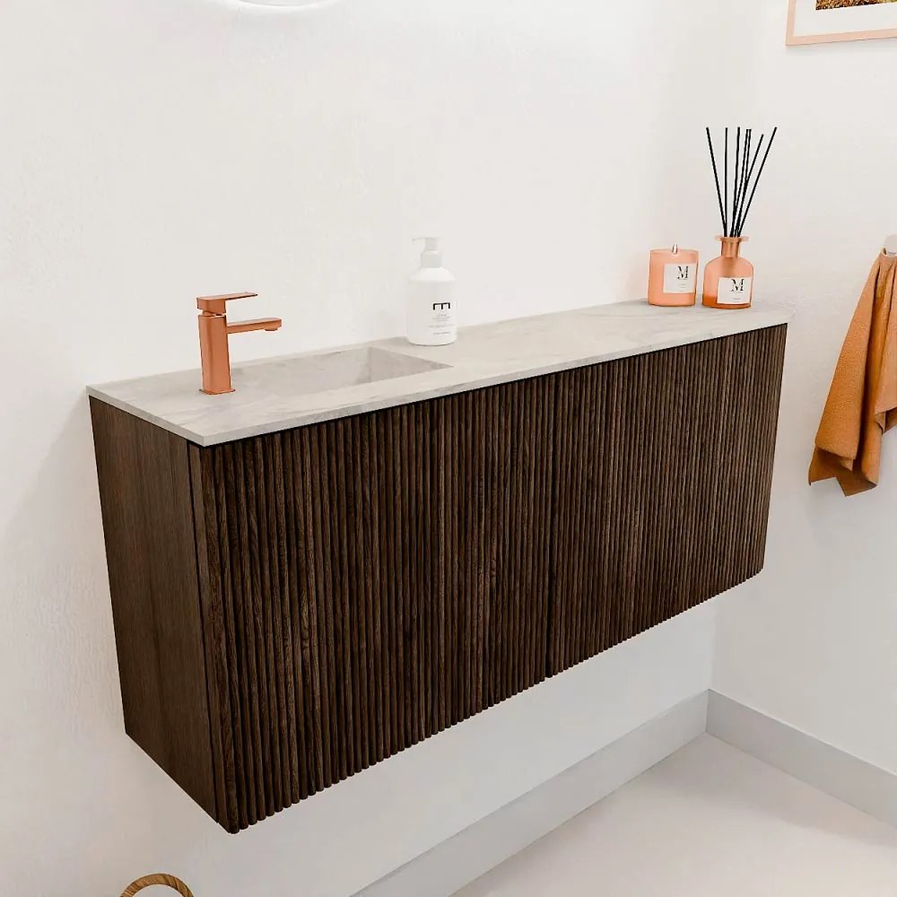 Mondiaz Joya DLux 100cm toiletmeubel ronding rechts walnut met wastafel faye links 1 kraangat ostra