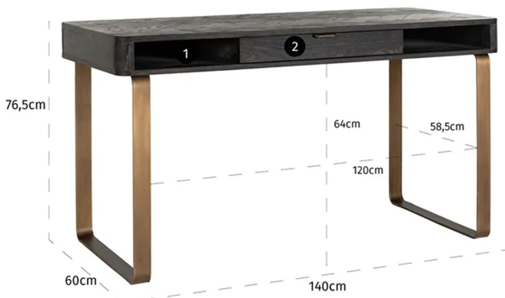 Richmond Interiors Blackbone Brass Zwart Bureau Met Visgraat - 140 X 60cm.