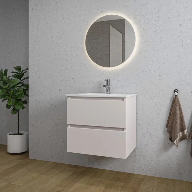 Adema Chaci Badkamermeubelset - 60x46x57cm - 1 keramische wasbak wit - 1 kraangat - 2 lades - ronde spiegel met verlichting - mat cotton (beige) SW1212761/SW804530/SW108325