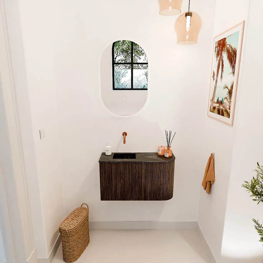 Mondiaz Joya DLux 70cm toiletmeubel ronding rechts walnut met wastafel faye links zonder kraangat lava