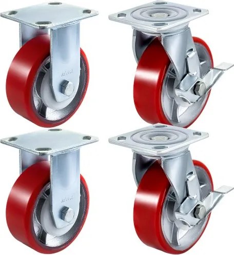 VEVOR 4-pack zwenkwielen 6 x 2 inch, 2 starre en 2 zwenkwielen met zijrem, polyurethaan ijzeren kernplaat, draagvermogen van 1000 lbs per wiel