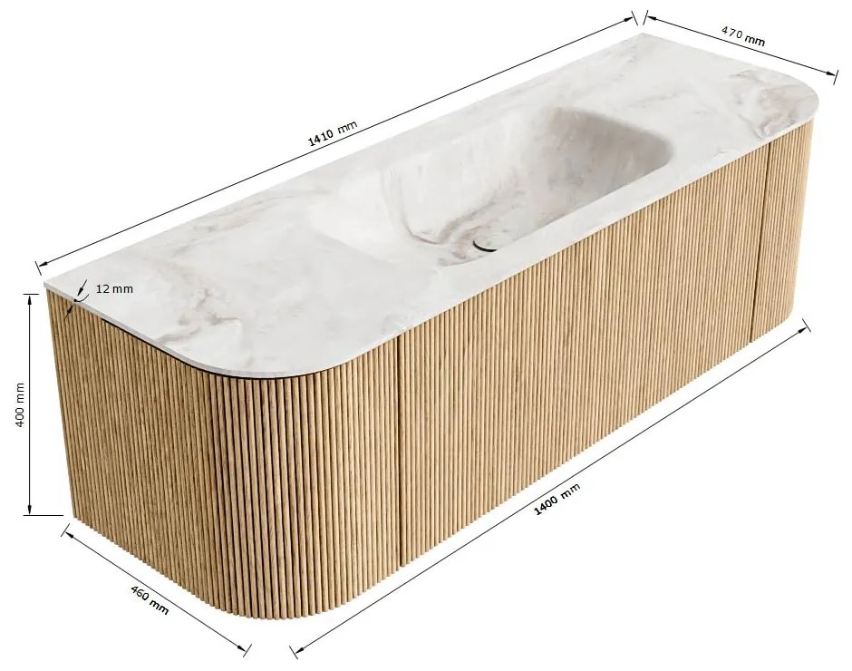 Mondiaz Kurve-dlux 140cm badmeubel ronding links/rechts dusk met 1 lade en 2 deuren en wastafel big small midden 1 kraangat glace
