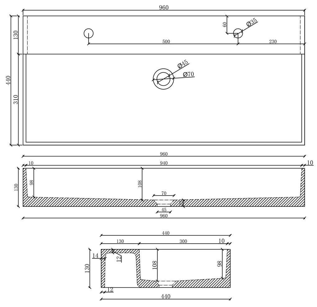 Sapho Quadrado betonnen wastafel 96x44cm wit zandsteen met 2 kraangaten