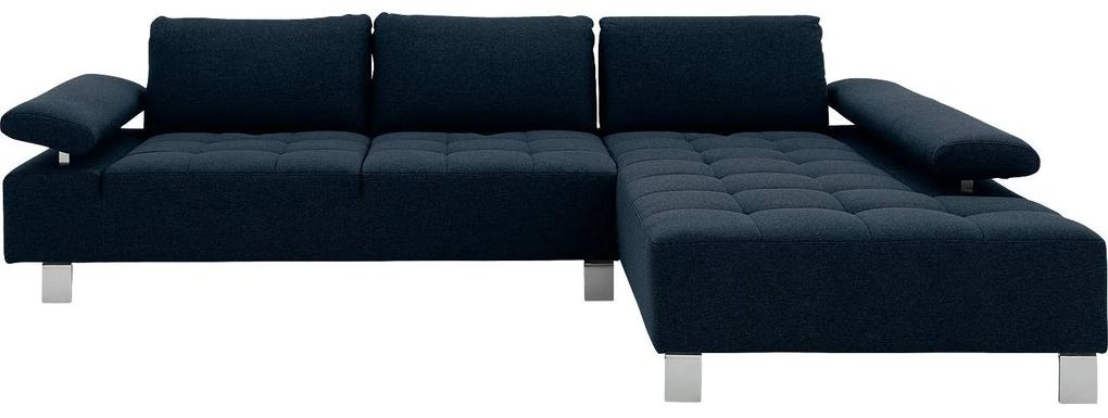 Goossens  blauw, stof, 3-zits, modern design met chaise longue rechts