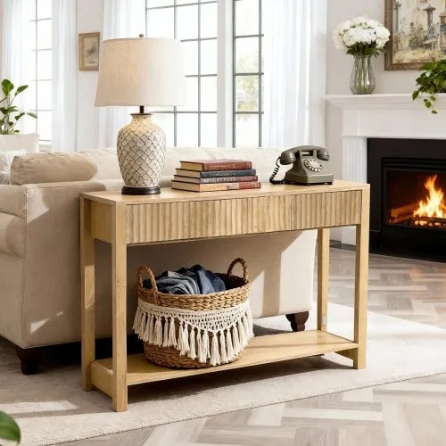 VEVOR Consoletafel/bijzettafel met lades en opbergvak, smalle rechthoekige entreetafel gemaakt van MDF + spaanplaat voor hal, slaapkamer, woonkamer, entree, gangtafel 120 x 30 x 80 cm Natuurlijk hout