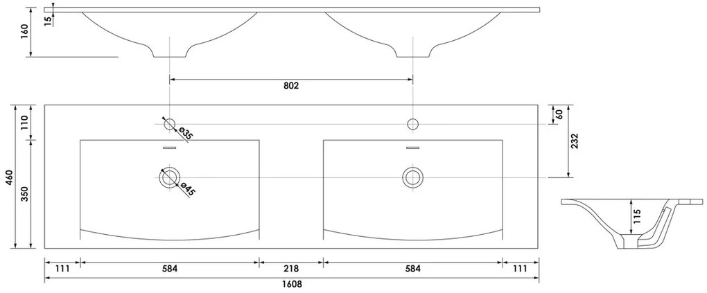 Brauer Glacier dubbele wastafel fine stone 160cm met kraangaten wit mat