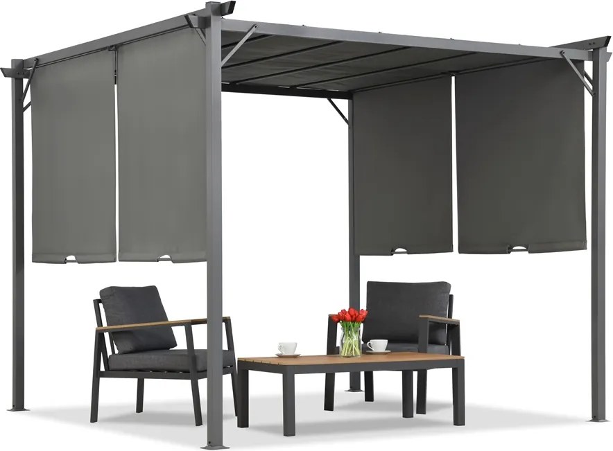 Antraciet Sevilla 3x3m terraspergola met muggennet en gordijnen Tuinpunt