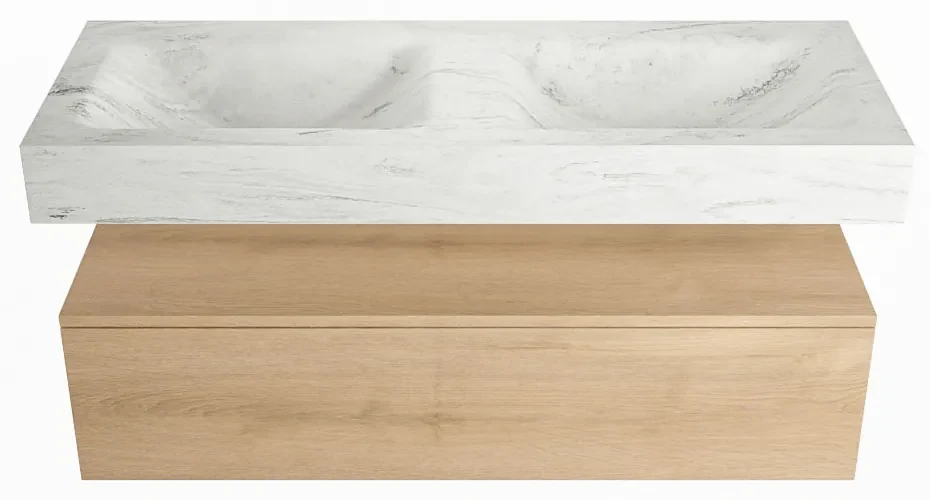Mondiaz Alan DLux badmeubel 120cm washed oak 1 lade met wastafel opalo dubbel zonder kraangat