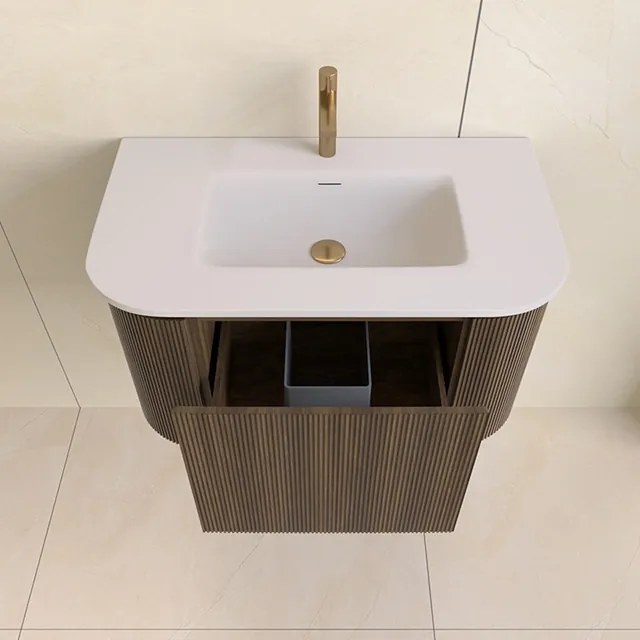 Lambini Designs Eleganza rond badmeubel 80cm dark walnut met ribbelfront en wastafel met kraangat