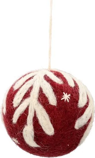 Rode kerstbal met witte tak, vilt, Ø6 cm
