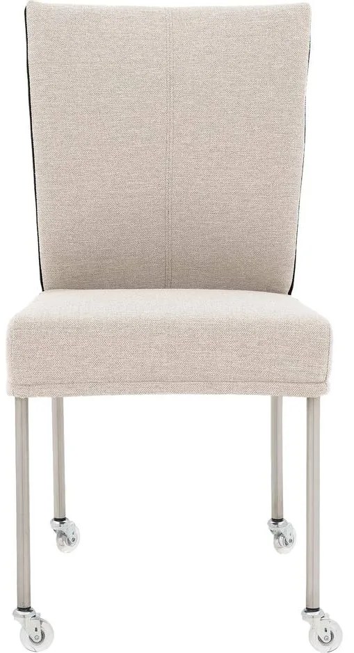 Goossens Eetkamerstoel Funk RVS Poten beige stof leuning en met wielenTransparant skater wiel met rvs kap, modern design