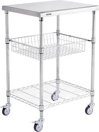 VEVOR RVS keukenwagen, 3-laags serveerwagen met een capaciteit van 213,2 kg, laboratoriumwagen, opbergwagen met verdiepte mand en 6 haken, voor binnen- en buitengebruik