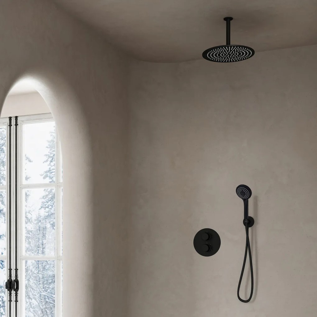 Saniclear Nero inbouwregendouche 20cm rond met plafondarm en 3 standen handdouche zwart mat