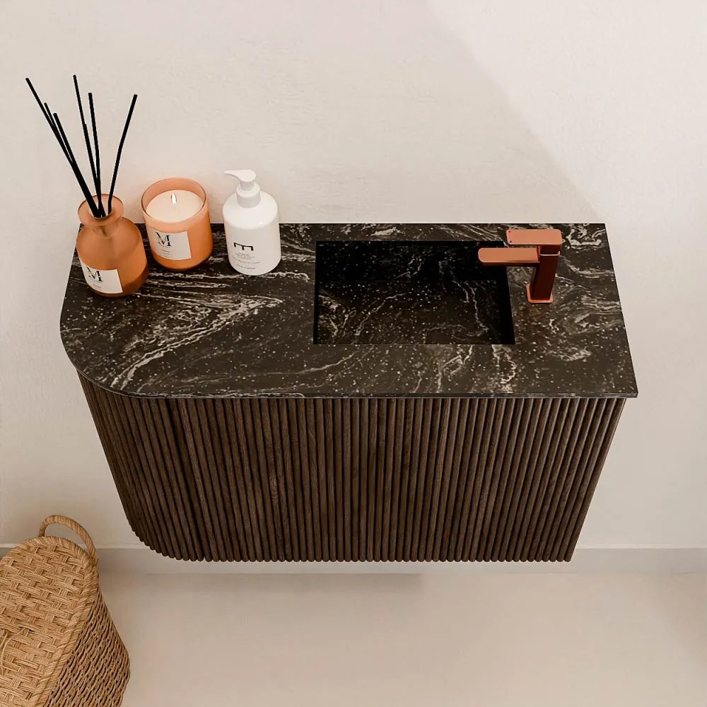 Mondiaz Joya DLux 60cm toiletmeubel ronding links walnut met wastafel faye rechts 1 kraangat lava