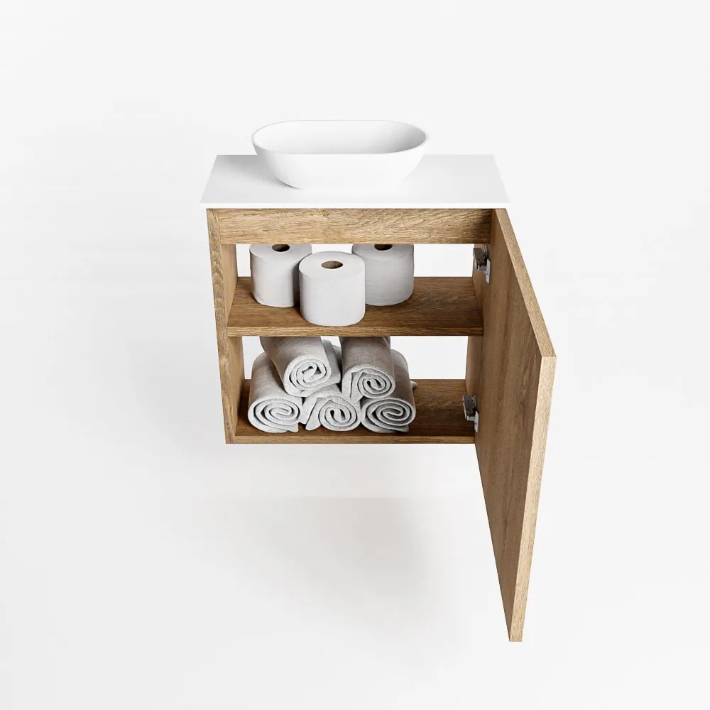 Mondiaz Fowy toiletmeubel 50cm washed oak met witte waskom links en kraangat