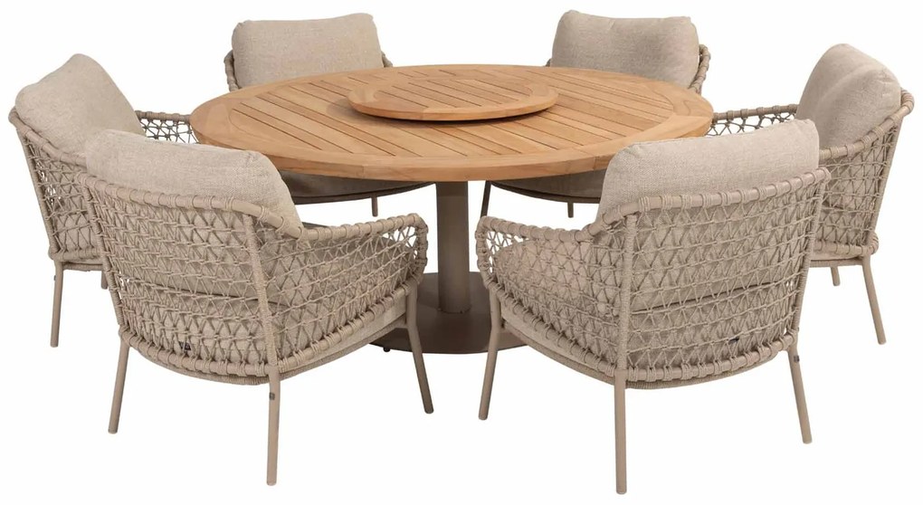 4 Seasons Outdoor Sardinia low dining set latte met Saba tafel latte met teak blad Ø 160 cm  Tuinset    beige weerbestendig