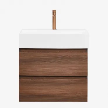 Ona Zwevend Badkamermeubelset Van Hout En Essenfineer Met Geïntegreerde Wastafel Donker Hout & Spiegelloze & Roségoud - Sklum