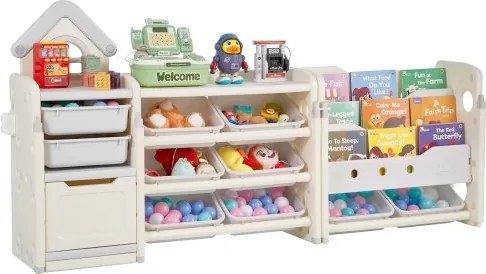 VEVOR Speelgoedopbergplank, HDPE-speelgoedplank, 4-laags multifunctionele opbergruimte met 10 flexibele kunststof bakken, voor slaapkamer, klaslokaal en kinderkamer (grijs + beige)