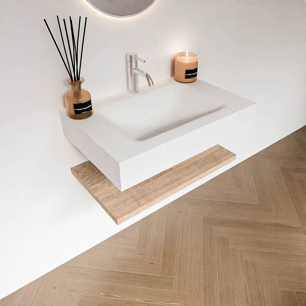 Zaro Alan badmeubel 70cm met planchet washed oak en vrijhangende wastafel cloud midden 1 kraangat talc
