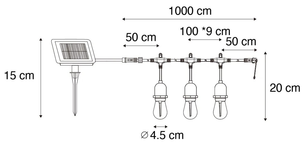 Buiten lichtslinger 10 m incl. LED 10-lichts solar - Russell Modern IP44 Buitenverlichting