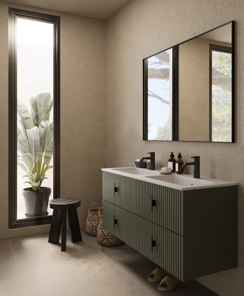 Muebles Avila badmeubel ribbelfront 120cm legergroen met dubbele wastafel met kraangaten