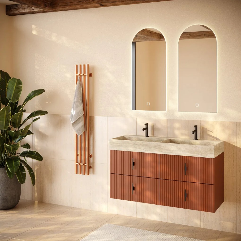 Muebles Murcia badmeubel ribbelfront 120cm terracotta met White Travertin wastafel met kraangaten