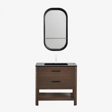Badmeubelset 90x50 Cm Van Hout Met Geïntegreerde Wastafel Misene Wit ↑20 Cm Met Overloop Aftapventiel Orveta & Donker Hout & Ovaal Met Plank Zwart 50x