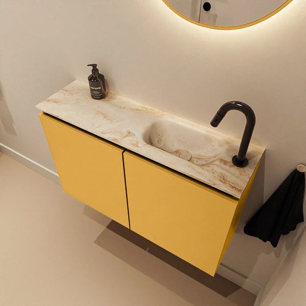 Mondiaz Ture DLux toiletmeubel 80cm ocher met wastafel frappe rechts met kraangat