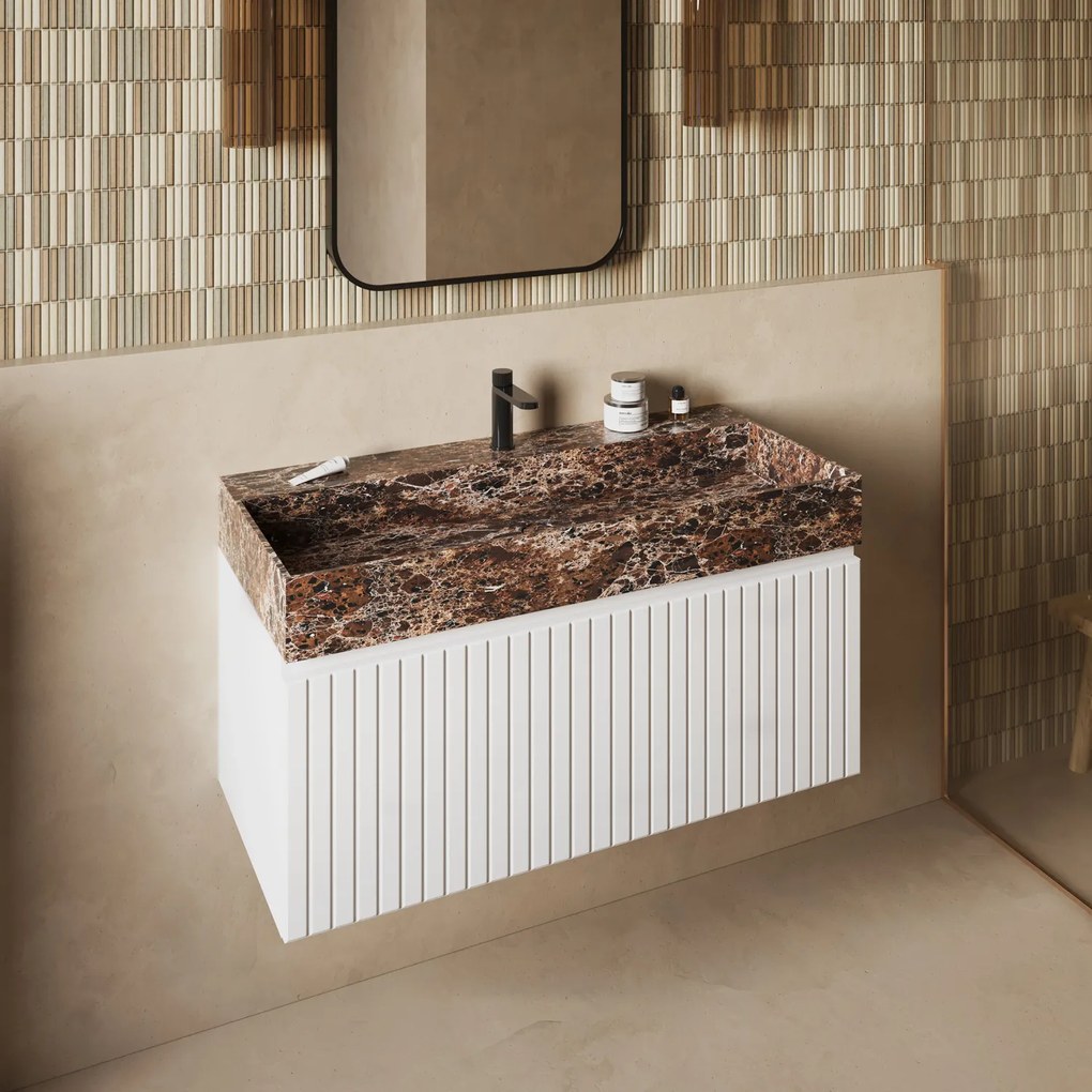 Fontana Dark Emperador badmeubel 100cm mat wit met ribbelfront met kraangat