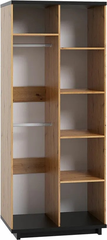 Kledingkast Morlira 107, Matzwart, Artisan eiken, 215x90x60cm, 100.52 kg, Kledingkast deuren: Met scharnieren, Aantal planken: 5, Aantal planken: 5