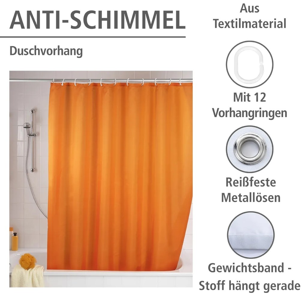 Wenko anti-schimmel douchegordijn 180x200cm polyester uni oranje inclusief ringen