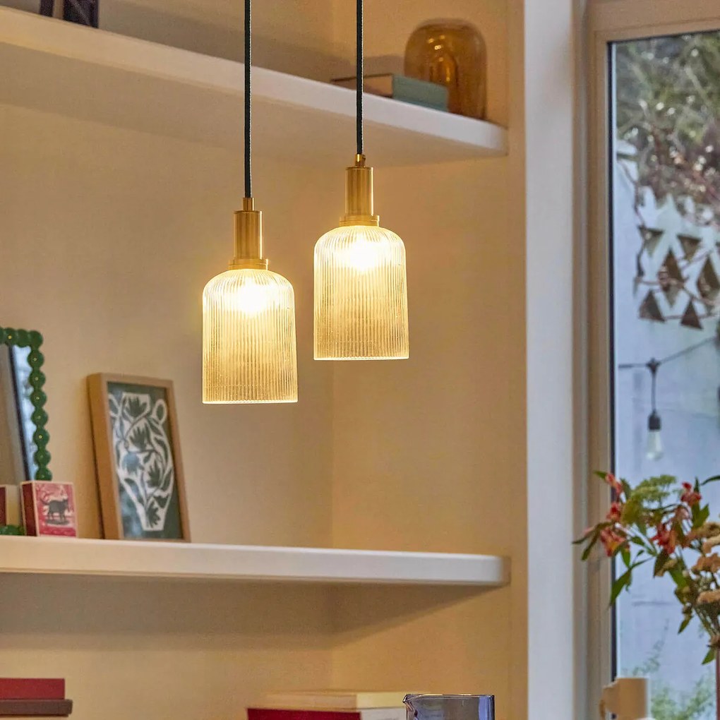 Hanglamp in messing en geribbeld glasØ10,9 cm, Bogota