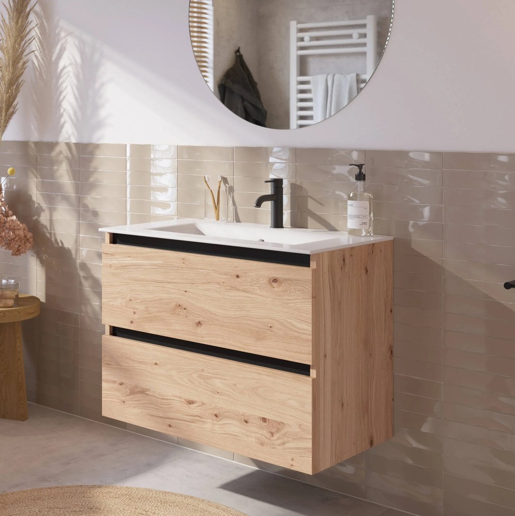 Saqu Gaia badmeubel incl. keramische wastafel 80x46x61cm naturel eiken – zwarte greeplijst