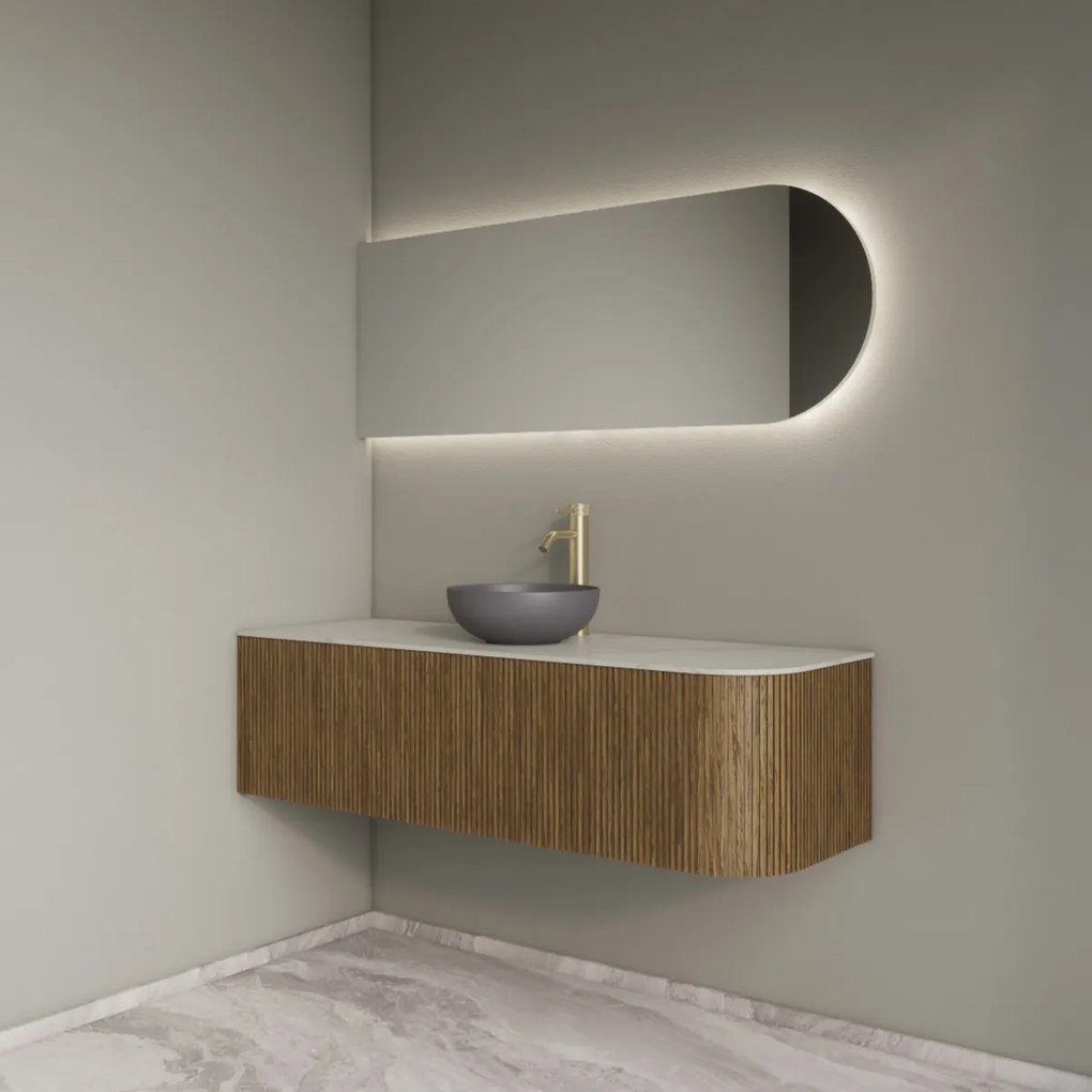 Gliss Design Alluro badmeubel ribbelfront met ronding rechts 140cm castle brown en wit marmer toppaneel