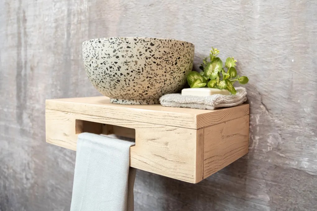 Saniclear Seba fontein met eiken plank en zwart-witte terrazzo waskom voor in het toilet