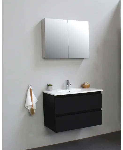 Basic Line Bella Badkamermeubelset - 80x55x46cm - 1 wasbak - Keramiek - Wit - 1 kraangat - Spiegelkast zonder verlichting - zijpanelen grijs - Melamine Zwart mat SWGA80MZP1SPK