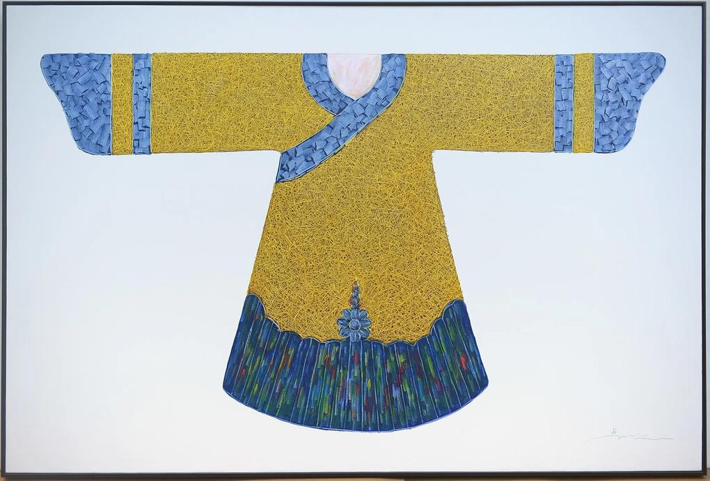 Fine Asianliving Olieverf Schilderij 100% Handgeschilderd 3D met Reliëf Effect en Zwarte Omlijsting 150x100cm Kimono Geel Blauw