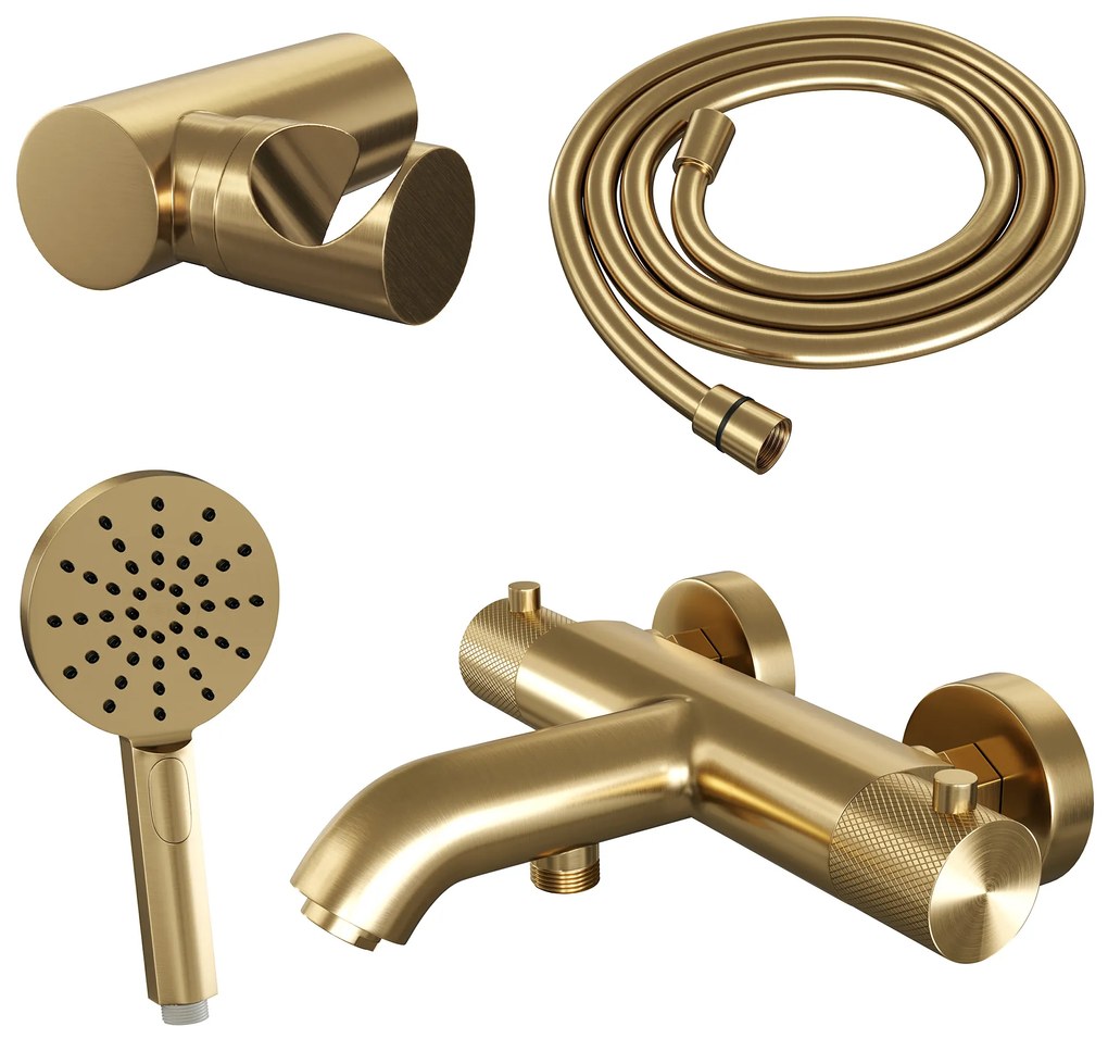 Brauer Gold Carving thermostatische badkraan met wandhouder en 3 standen handdouche geborsteld messing PVD