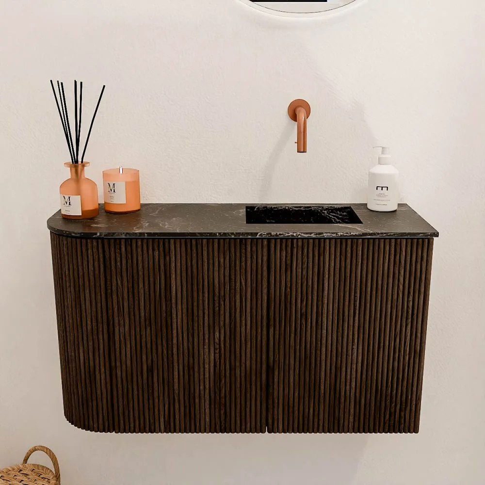 Mondiaz Joya DLux 70cm toiletmeubel ronding links walnut met wastafel faye rechts zonder kraangat lava