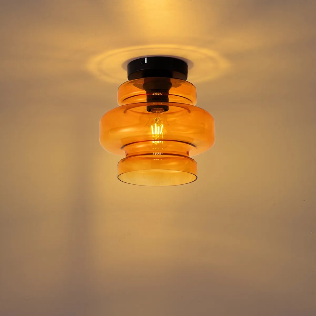 Retro plafondlamp zwart met oranje glas - Denise