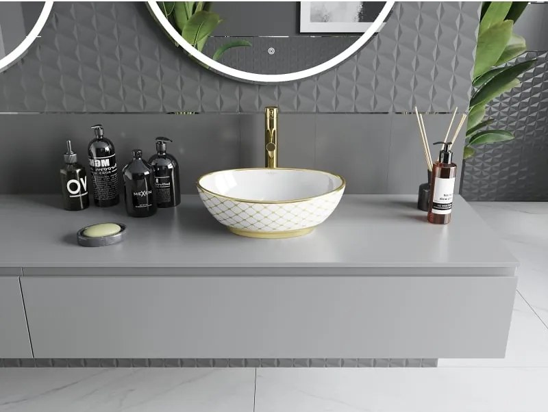Mexen Elza opzetwastafel 40 x 33 cm, wit/goud ruitpatroon - 21014009