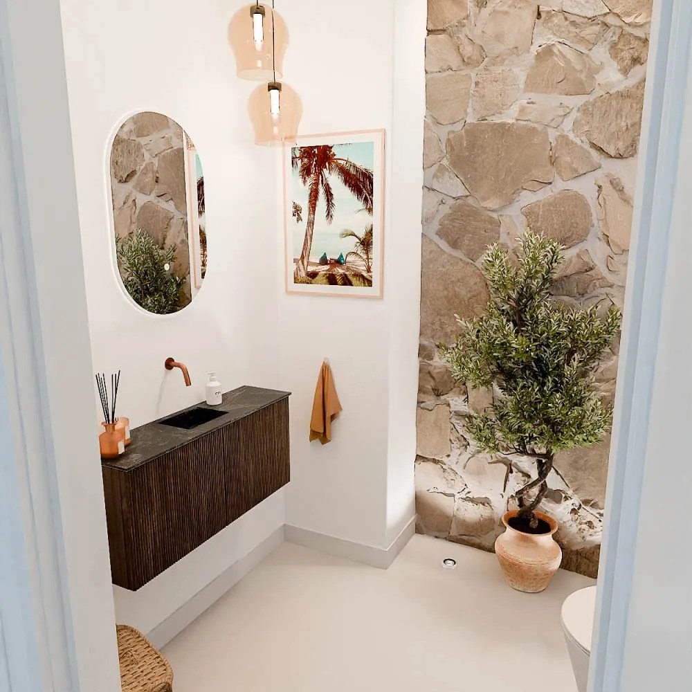 Mondiaz Joya DLux 90cm toiletmeubel walnut met wastafel faye midden zonder kraangat lava