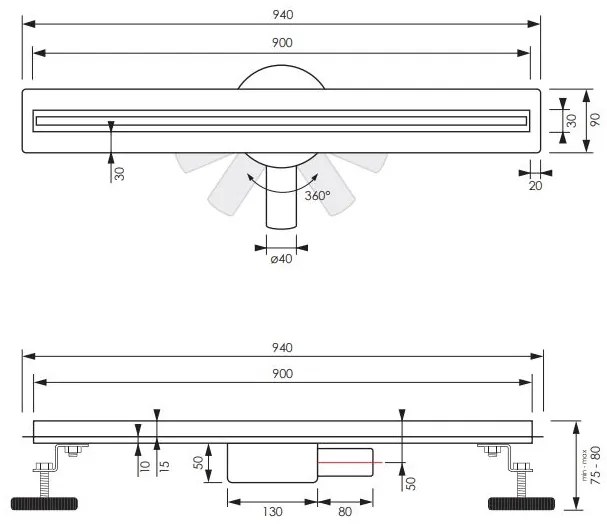 Brauer XS douchegoot 90cm met flens en draaibare sifon RVS geborsteld